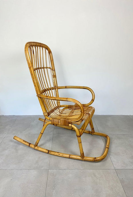 Bamboo Wicker Rocking Chair, Italy, 1960s